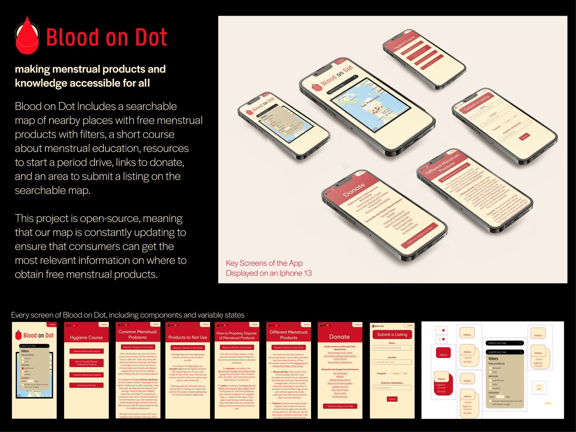 Blood on Dot app: a searchable map of free menstrual products, shown across iPhone screens.