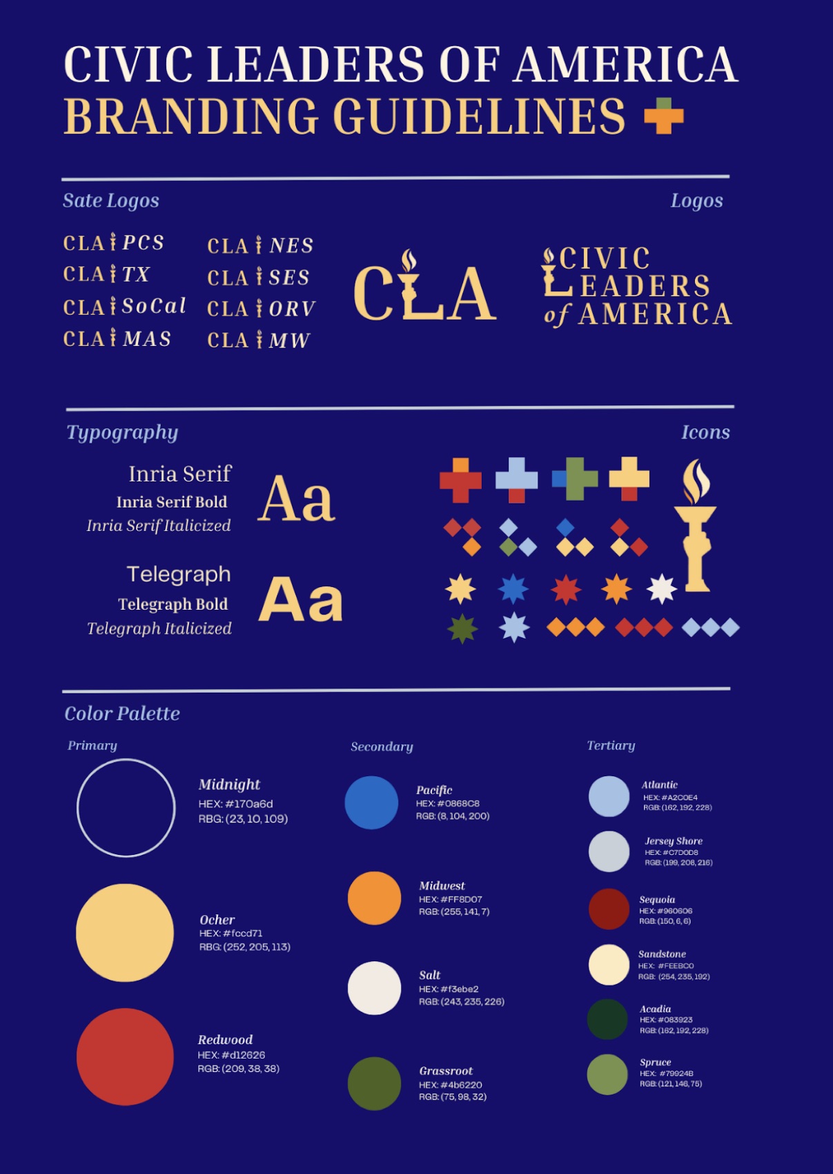 Civic Leaders of America branding guidelines: logos, typography, icons and colour palette.