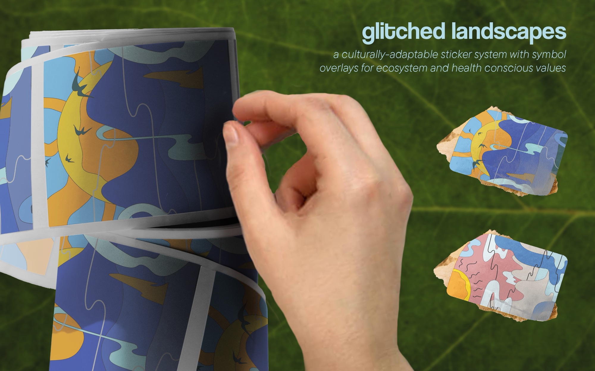 Glitched Landscapes: a culturally adaptable sticker system with symbol overlays.