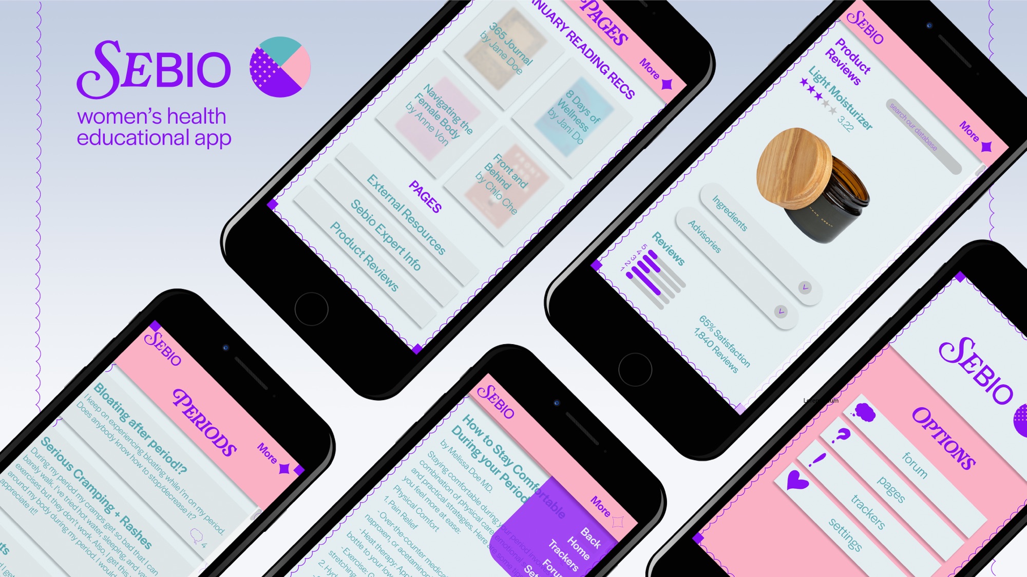 Sebio women's health educational app shown across five iPhone screens.