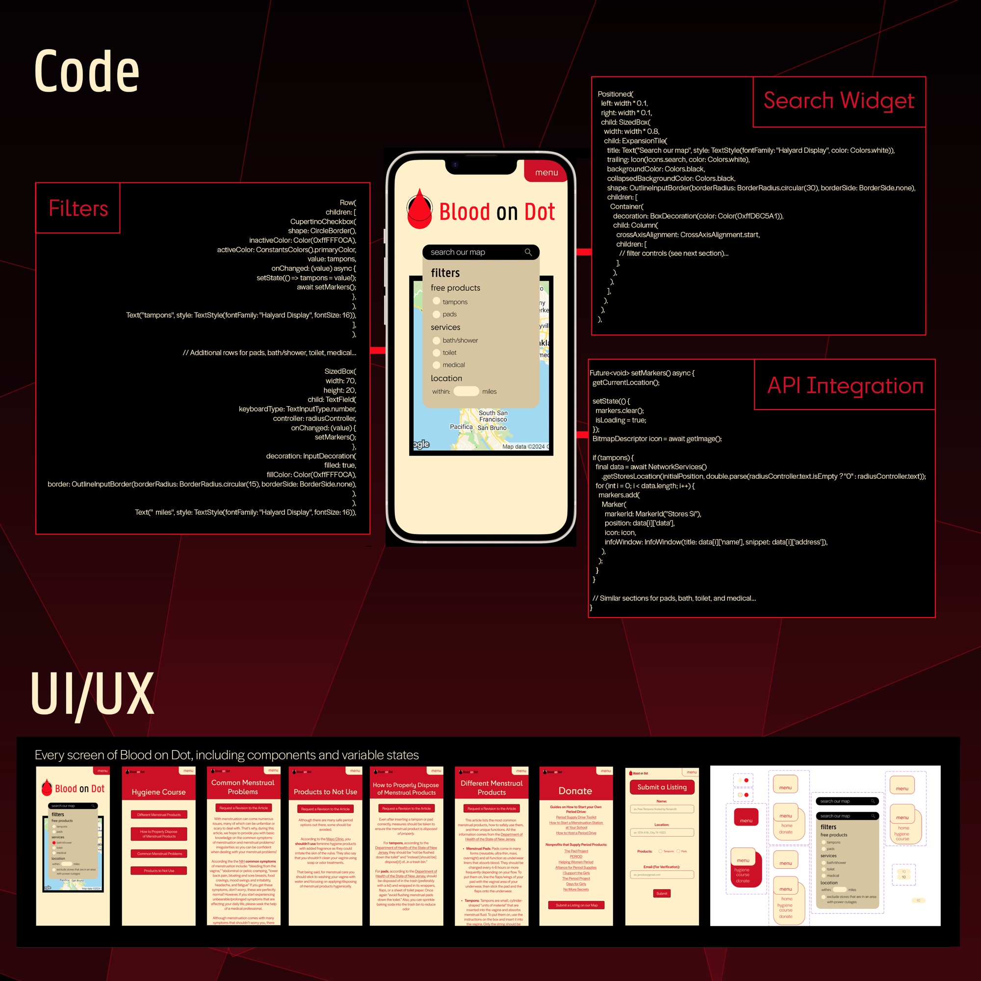 Code board showing the filters, search widget and API integration.