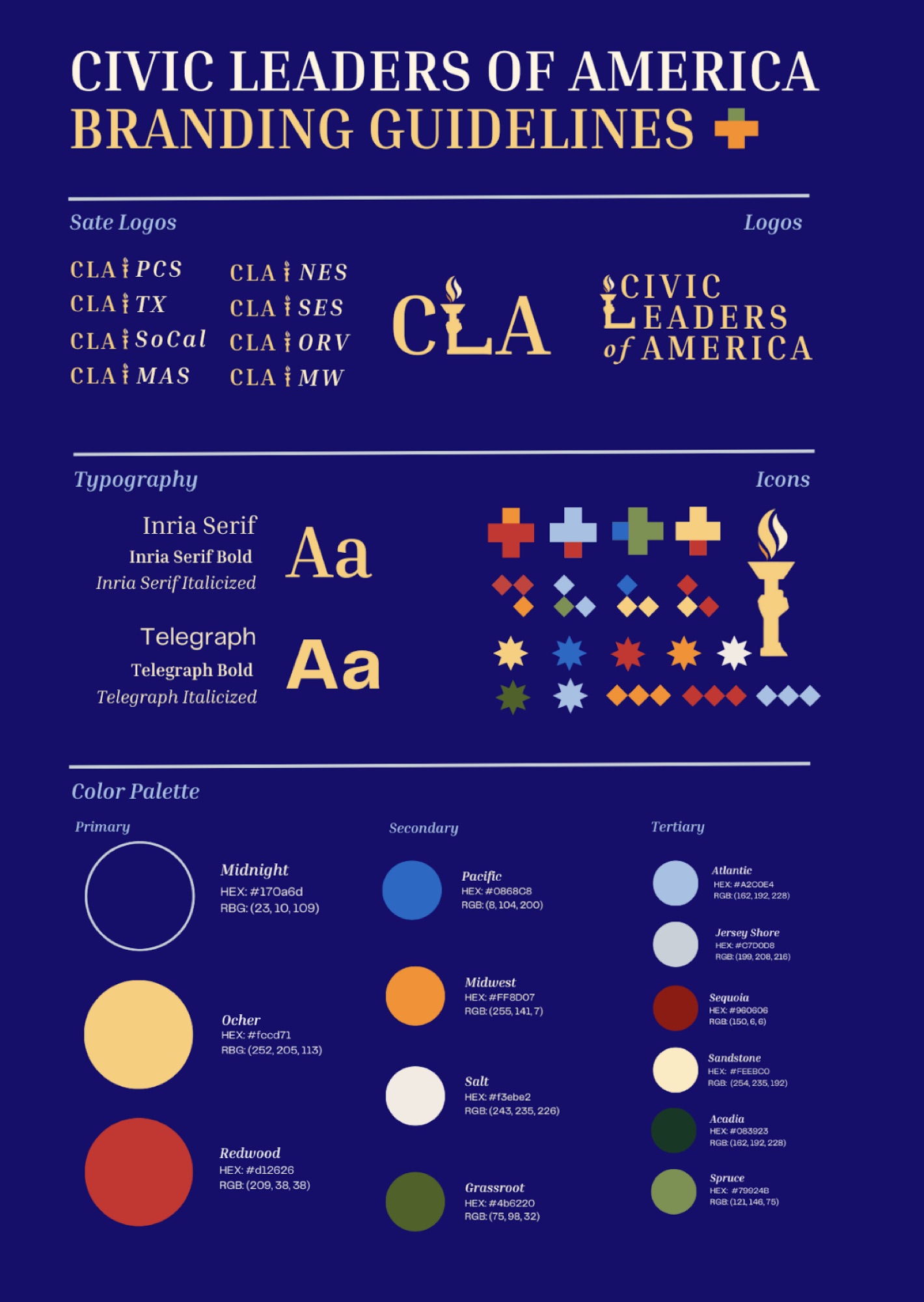 Civic Leaders of America branding guidelines: safe logos, typography, icons and the full colour palette.