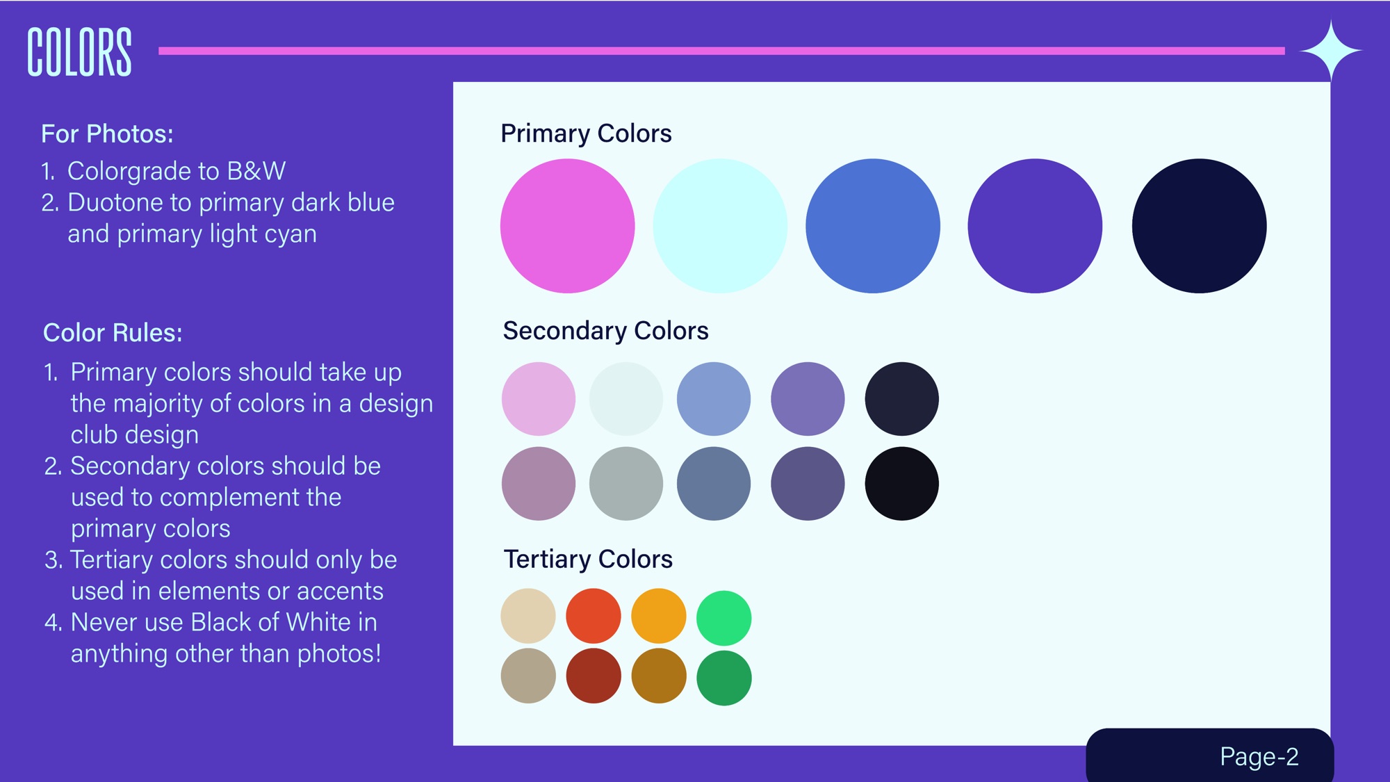 Design Club brand guidelines page 2: primary, secondary and tertiary colours with usage rules.