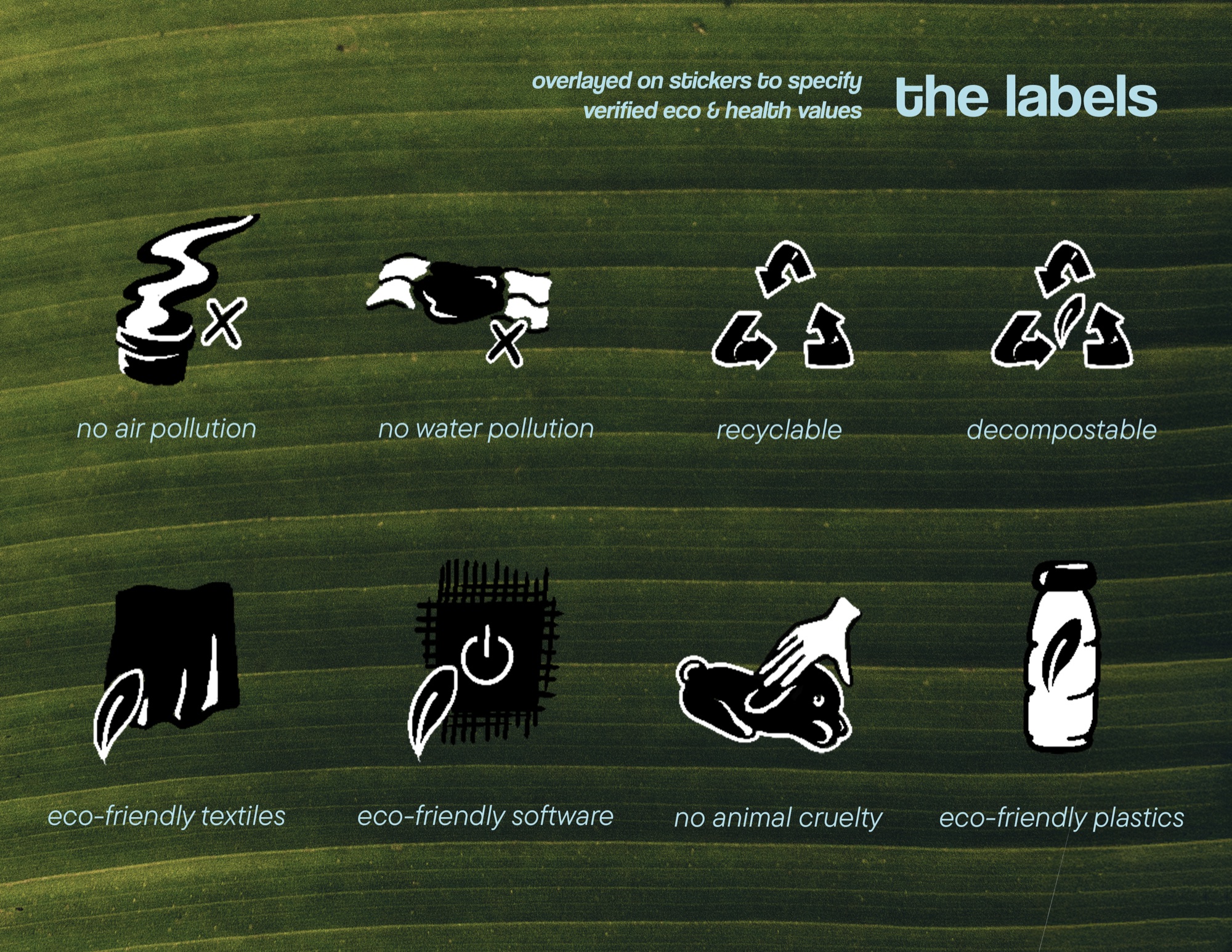 The label set: symbols for pollution, recyclability, textiles and animal cruelty.
