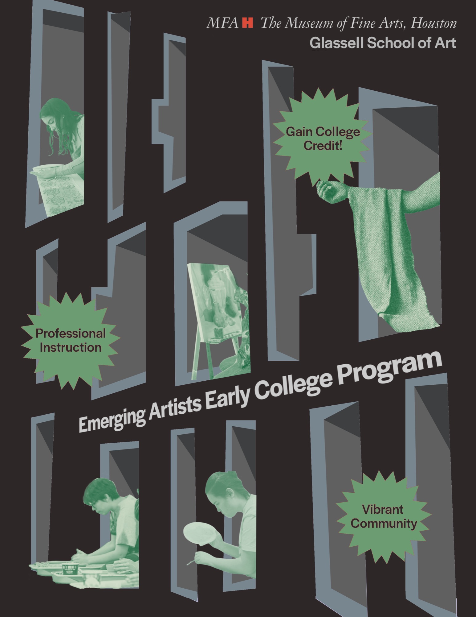 Emerging Artists Early College Program poster: green duotone photographs set into angular window shapes.