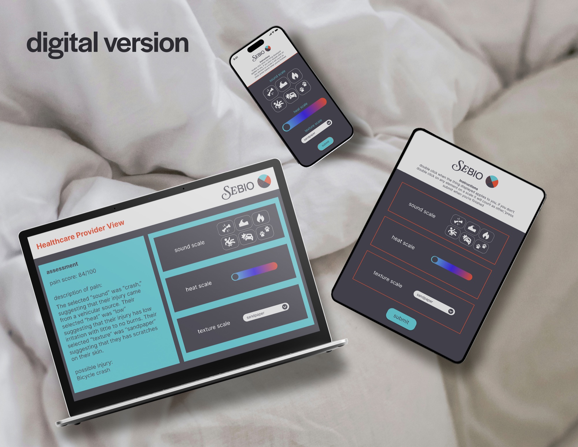 Digital version of the pain scale shown on desktop, tablet and phone.