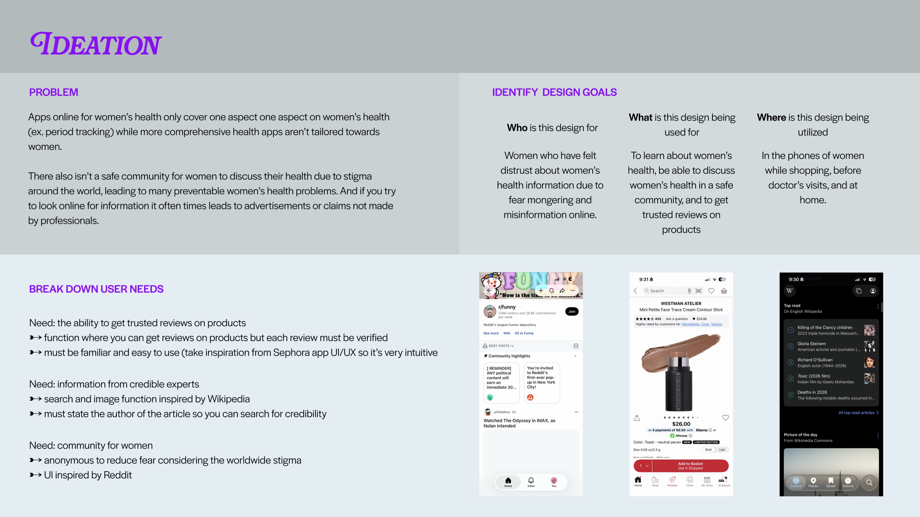Ideation board: the problem, the design goals set out as who, what and where, and the user needs broken down against the apps they take cues from.